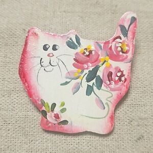 Vintage Handpainted Cat Punk Kitty Wood 1994 Brooch Pin Suzie Hayward OOAK